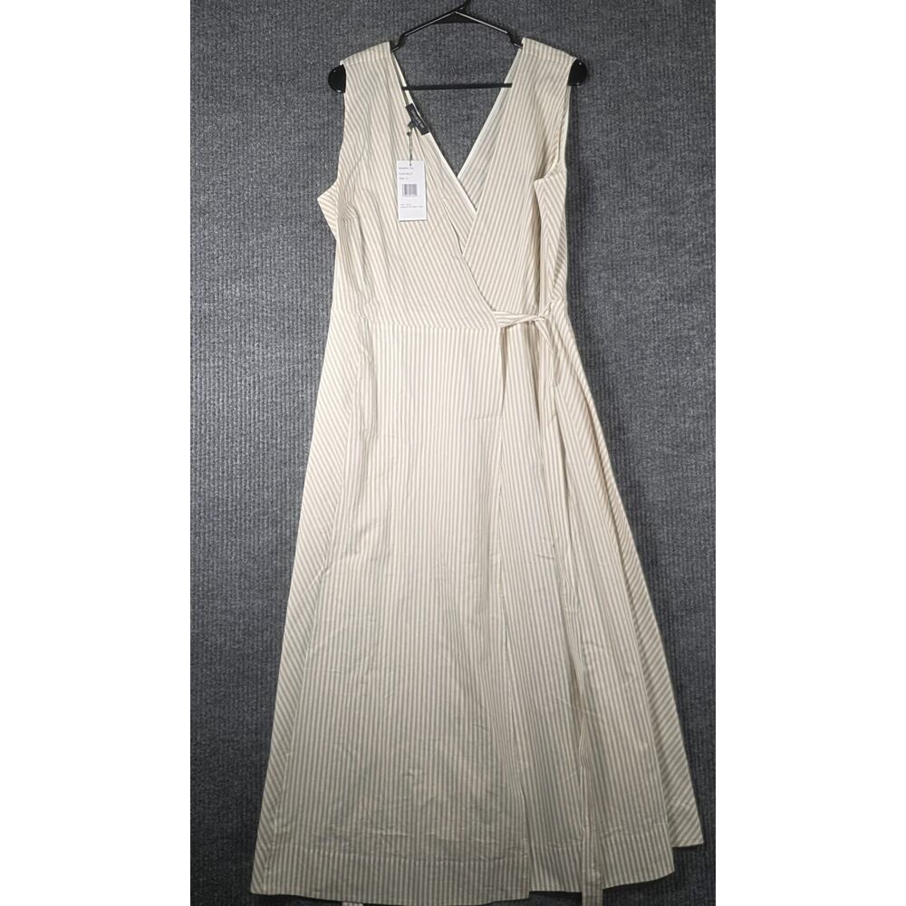 NWT Lafayette 148 NY Striped Wrap Midi Dress Khaki Ivory Sleeveless 14